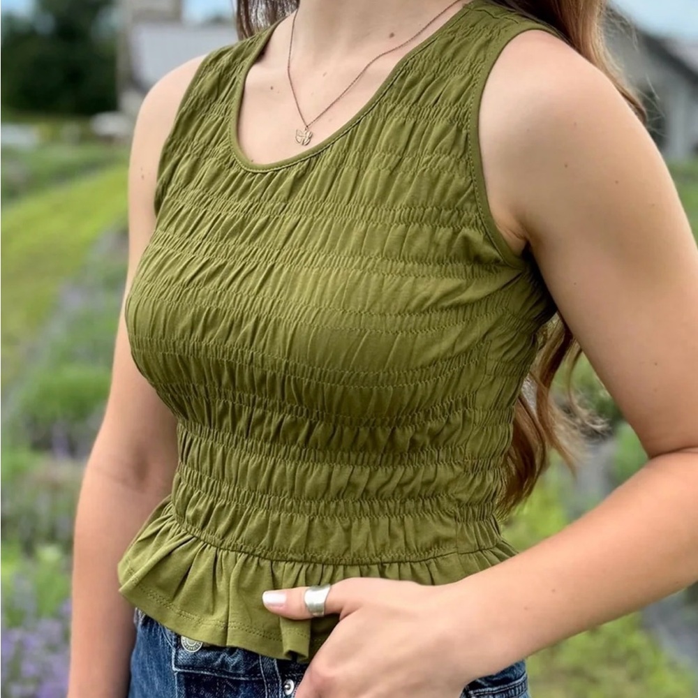 Elegantees Maeve Olive Green Smocked Top